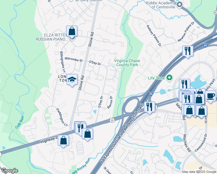 map of restaurants, bars, coffee shops, grocery stores, and more near 14570 Riverwind Terrace in Centreville