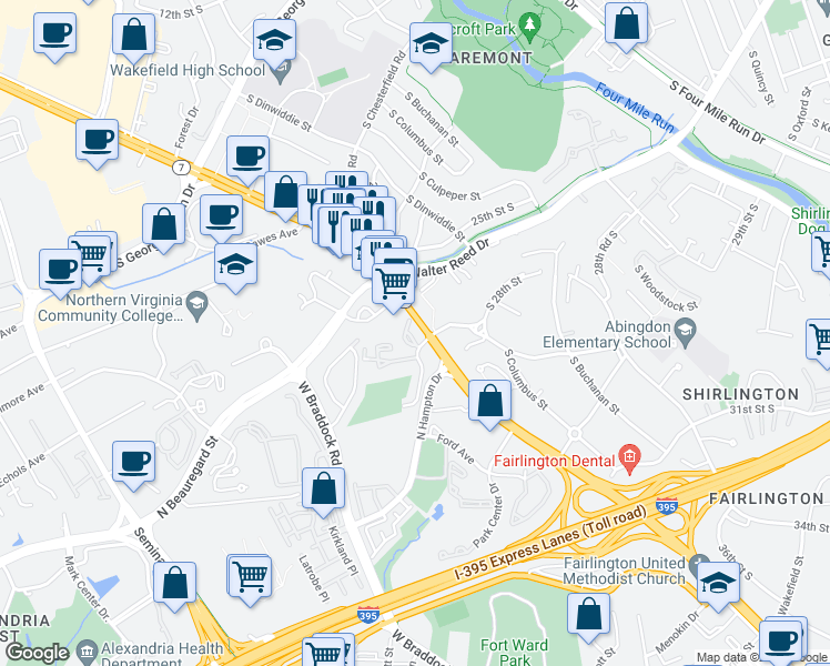 map of restaurants, bars, coffee shops, grocery stores, and more near 4520 King Street in Alexandria