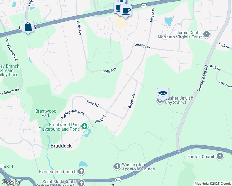 map of restaurants, bars, coffee shops, grocery stores, and more near 4800 Village Drive in Fairfax