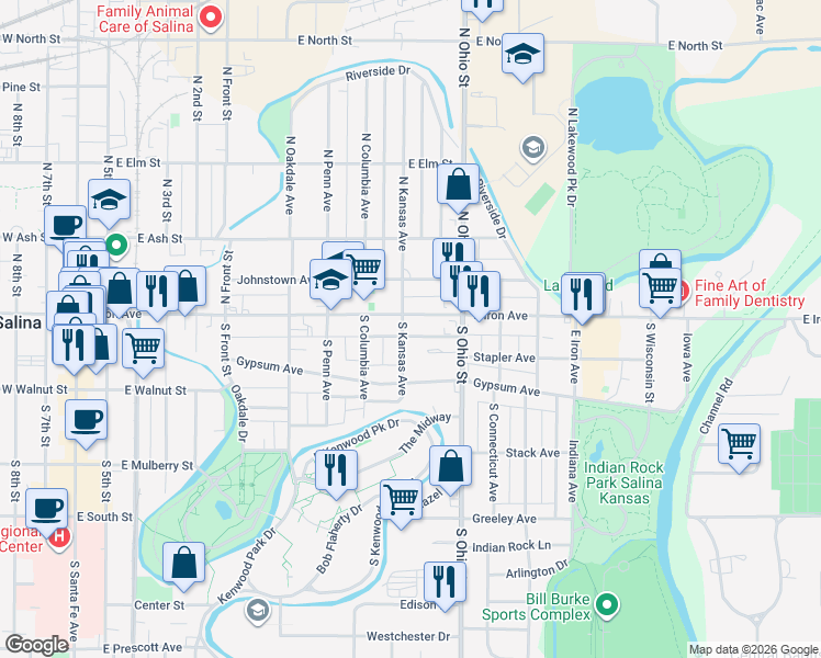 map of restaurants, bars, coffee shops, grocery stores, and more near 125 South Kansas Avenue in Salina