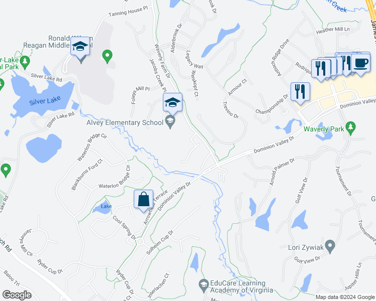 map of restaurants, bars, coffee shops, grocery stores, and more near 15632 Picketts Store Place in Haymarket