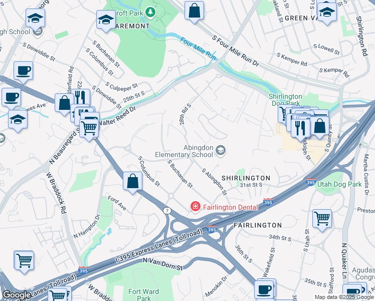map of restaurants, bars, coffee shops, grocery stores, and more near 2880 South Abingdon Street in Arlington