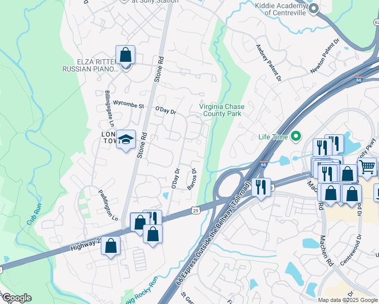map of restaurants, bars, coffee shops, grocery stores, and more near 14570 Riverwind Terrace in Centreville