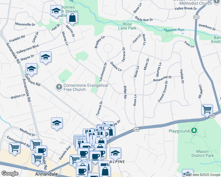 map of restaurants, bars, coffee shops, grocery stores, and more near 7011 Murray Lane in Annandale