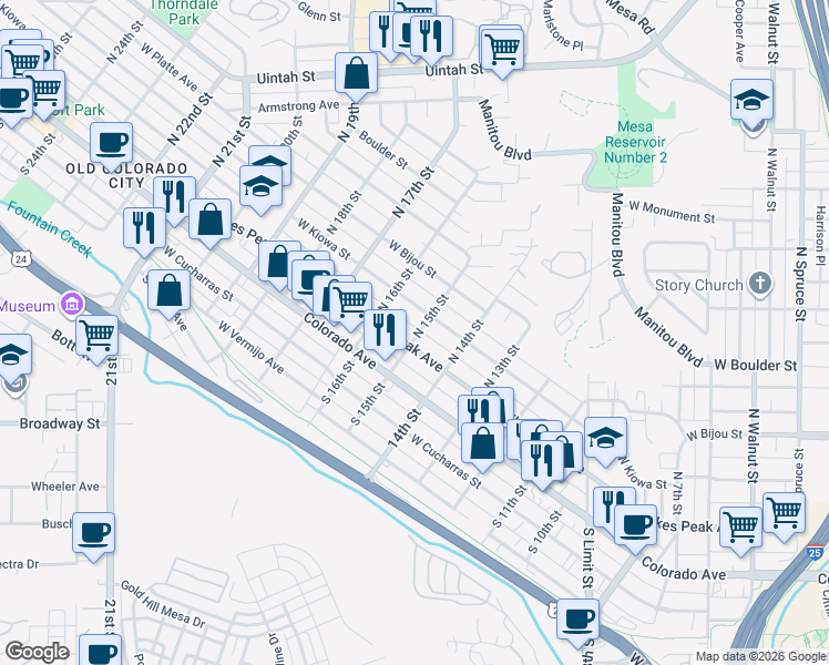 map of restaurants, bars, coffee shops, grocery stores, and more near 1424 West Pikes Peak Avenue in Colorado Springs