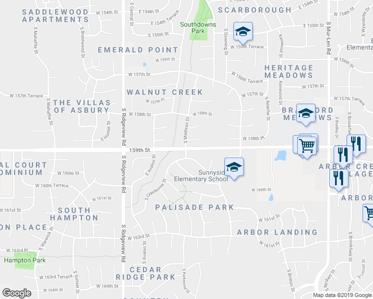 map of restaurants, bars, coffee shops, grocery stores, and more near 17759 West 159th Street in Olathe