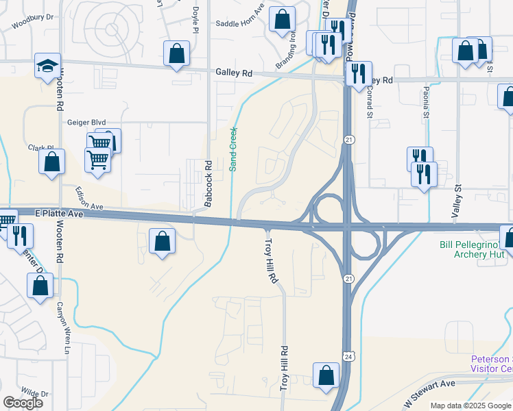 map of restaurants, bars, coffee shops, grocery stores, and more near 565 Space Center Drive in Colorado Springs