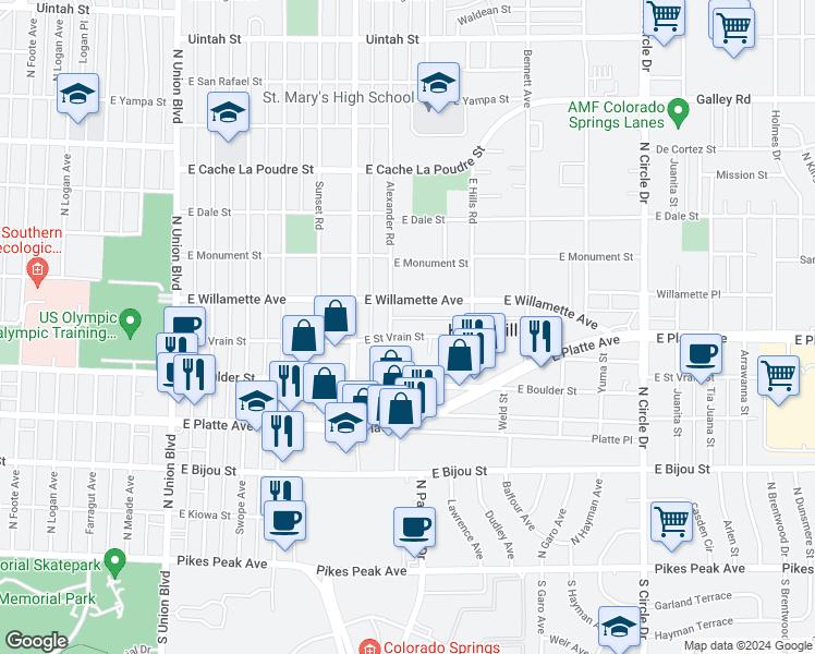 map of restaurants, bars, coffee shops, grocery stores, and more near 2403 East Saint Vrain Street in Colorado Springs