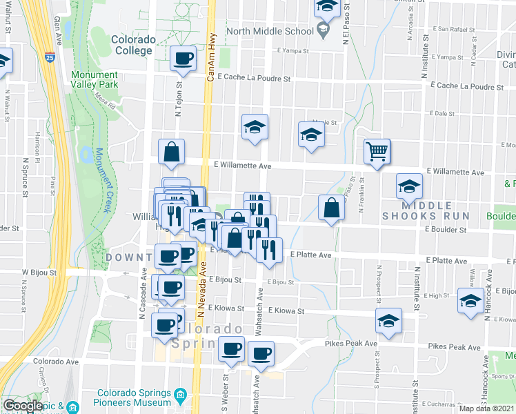 map of restaurants, bars, coffee shops, grocery stores, and more near 320 East Boulder Street in Colorado Springs