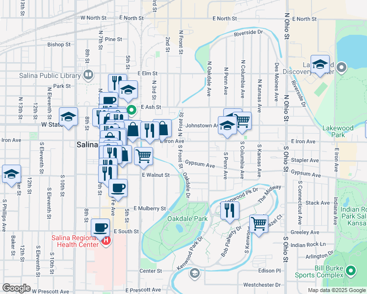 map of restaurants, bars, coffee shops, grocery stores, and more near 124 South Front Street in Salina