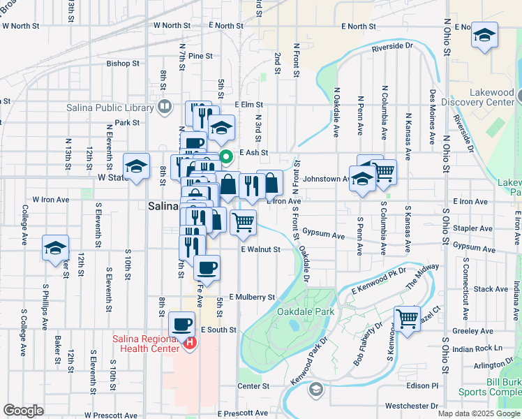 map of restaurants, bars, coffee shops, grocery stores, and more near 117 South 3rd Street in Salina