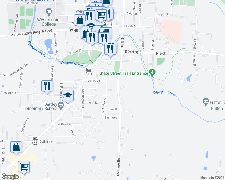 map of restaurants, bars, coffee shops, grocery stores, and more near 206 Devona Street in Fulton