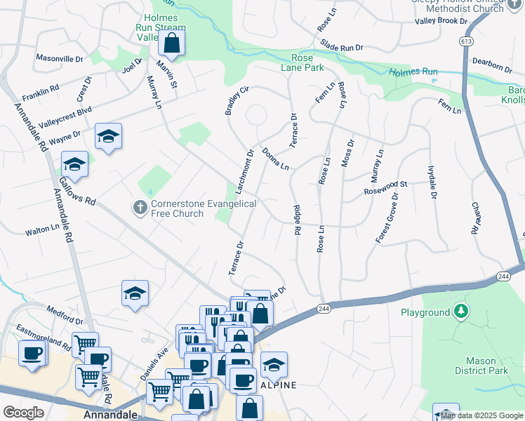map of restaurants, bars, coffee shops, grocery stores, and more near 7011 Murray Lane in Annandale