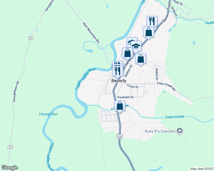 map of restaurants, bars, coffee shops, grocery stores, and more near Railroad Street in Beverly