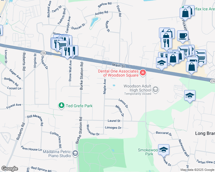 map of restaurants, bars, coffee shops, grocery stores, and more near 4037 Maple Avenue in Fairfax