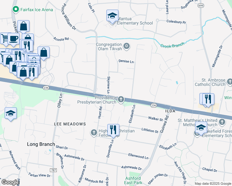 map of restaurants, bars, coffee shops, grocery stores, and more near 9100 Little River Turnpike in Fairfax