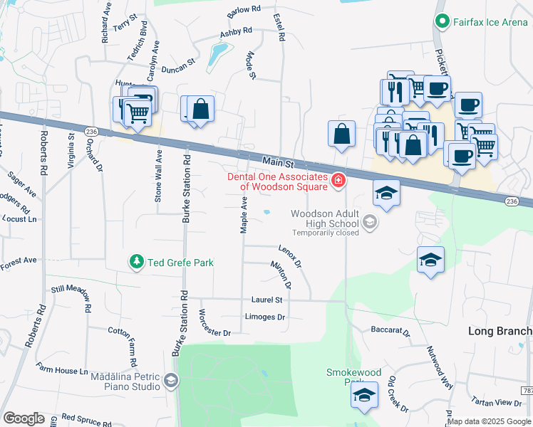 map of restaurants, bars, coffee shops, grocery stores, and more near 4037 Maple Avenue in Fairfax