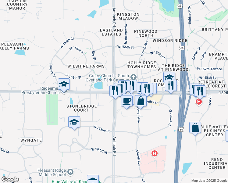 map of restaurants, bars, coffee shops, grocery stores, and more near Antioch Road & West 159th Street in Overland Park