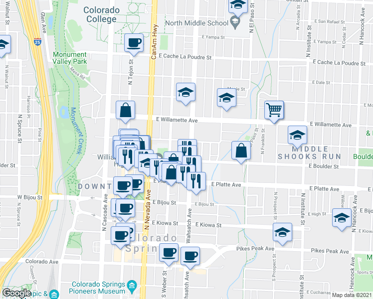 map of restaurants, bars, coffee shops, grocery stores, and more near 227 Cheyenne Avenue in Colorado Springs