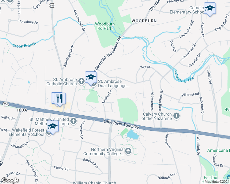 map of restaurants, bars, coffee shops, grocery stores, and more near 3816 Poe Court in Annandale