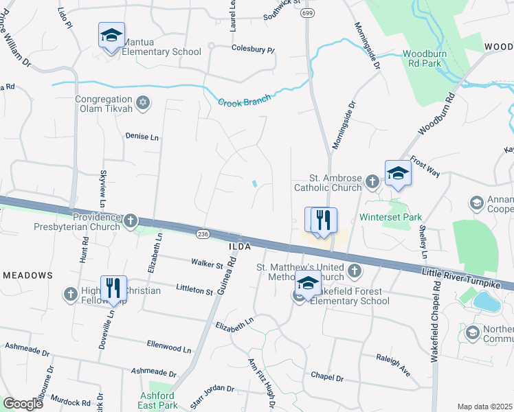 map of restaurants, bars, coffee shops, grocery stores, and more near 3909 Laro Court in Fairfax