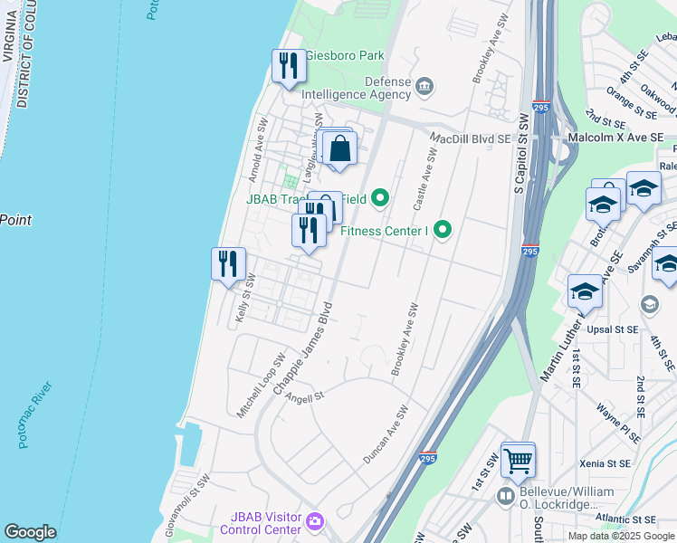 map of restaurants, bars, coffee shops, grocery stores, and more near Chappie James Boulevard in Washington