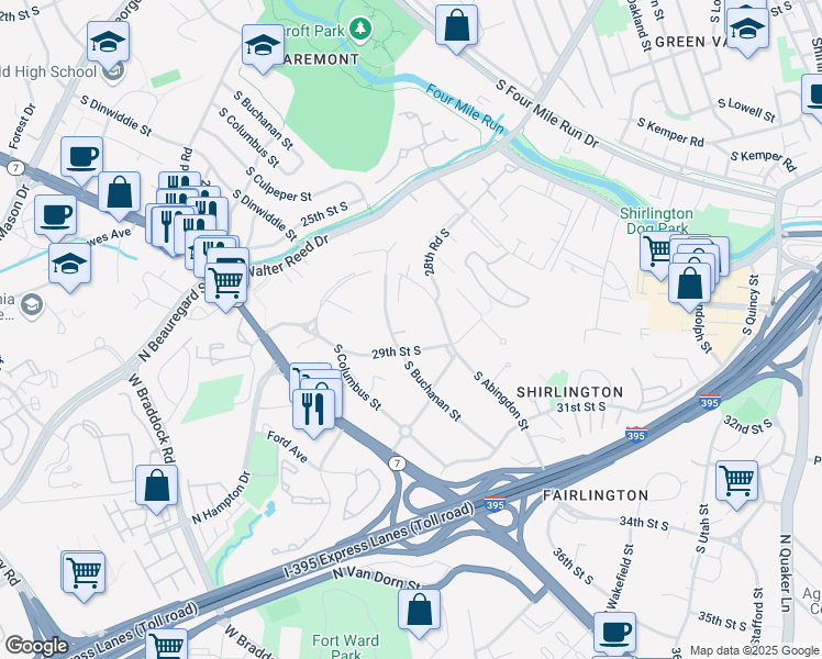 map of restaurants, bars, coffee shops, grocery stores, and more near 2873 South Buchanan Street in Arlington