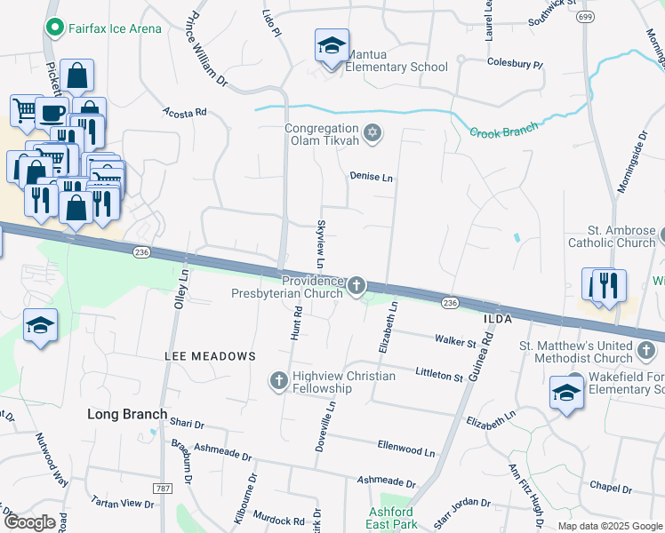 map of restaurants, bars, coffee shops, grocery stores, and more near 3931 Skyview Lane in Fairfax