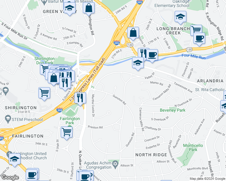 map of restaurants, bars, coffee shops, grocery stores, and more near 3604 Greenway Place in Alexandria