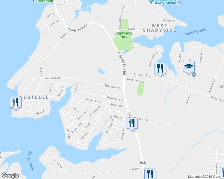 map of restaurants, bars, coffee shops, grocery stores, and more near 1301 Steamboat Road in Shady Side