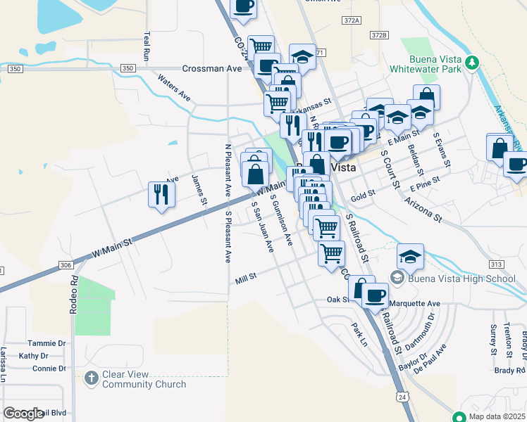 map of restaurants, bars, coffee shops, grocery stores, and more near 125 South San Juan Avenue in Buena Vista