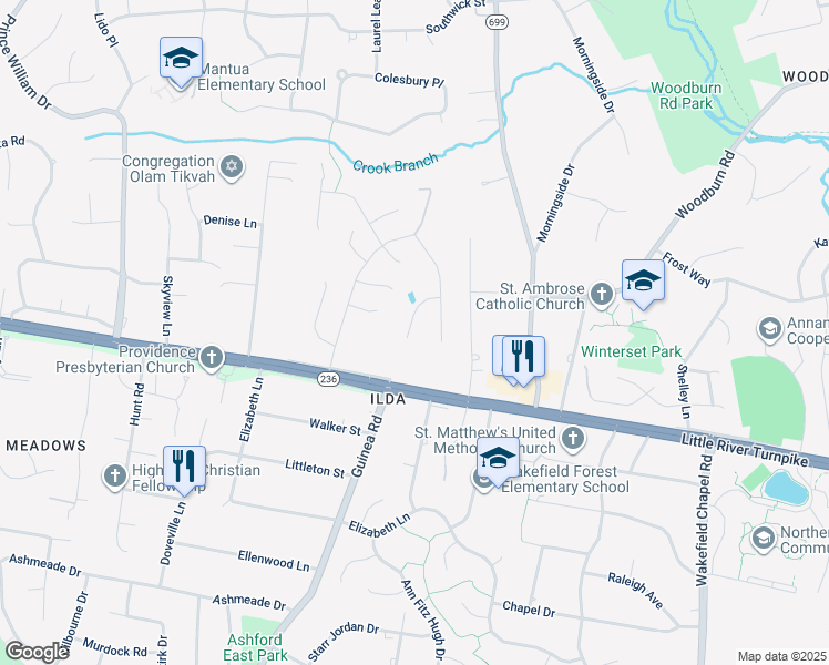 map of restaurants, bars, coffee shops, grocery stores, and more near 3909 Laro Court in Fairfax