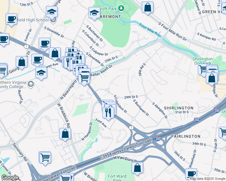 map of restaurants, bars, coffee shops, grocery stores, and more near 2807 South Columbus Street in Arlington