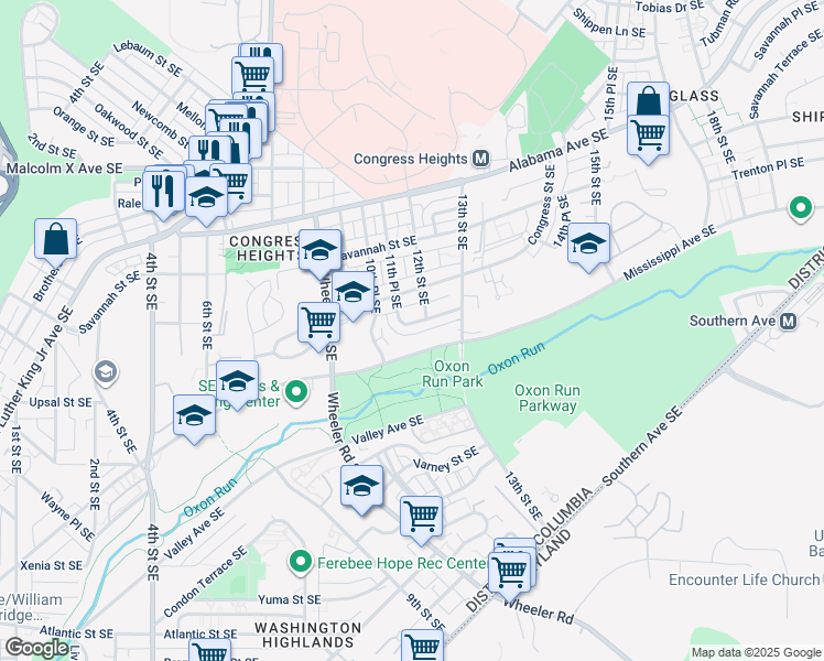 map of restaurants, bars, coffee shops, grocery stores, and more near 1125 Trenton Place Southeast in Washington