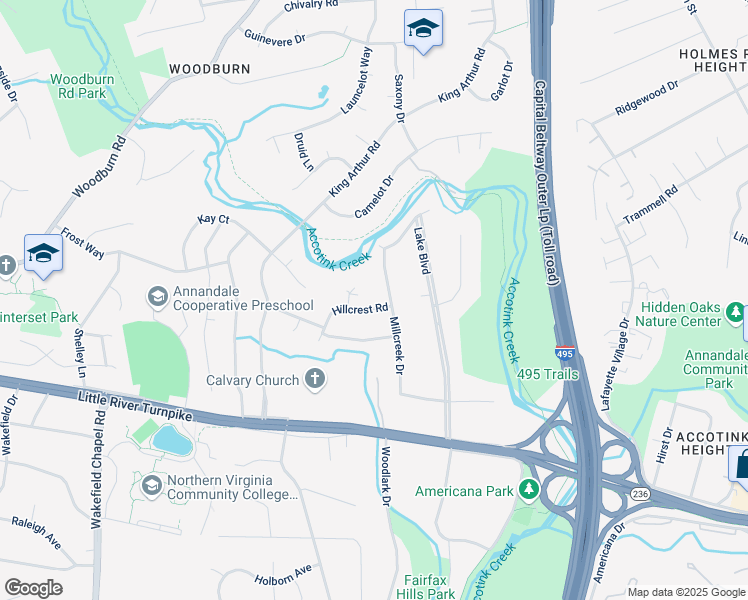 map of restaurants, bars, coffee shops, grocery stores, and more near 8202 Hillcrest Road in Annandale