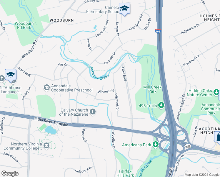 map of restaurants, bars, coffee shops, grocery stores, and more near 8202 Hillcrest Road in Annandale