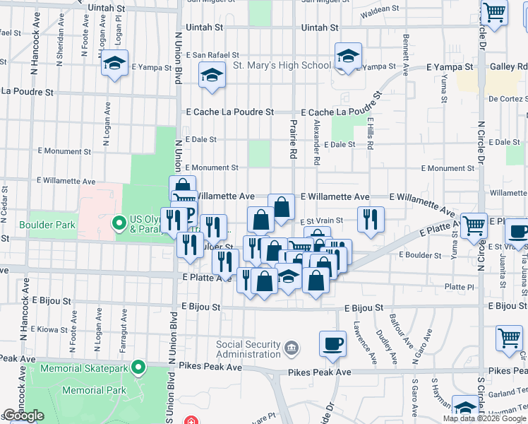 map of restaurants, bars, coffee shops, grocery stores, and more near 2201 East Saint Vrain Street in Colorado Springs