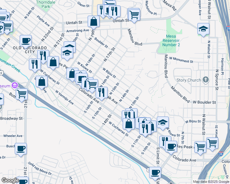 map of restaurants, bars, coffee shops, grocery stores, and more near 1424 West Pikes Peak Avenue in Colorado Springs