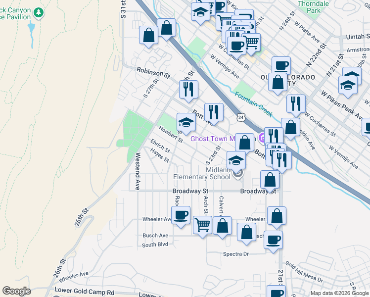 map of restaurants, bars, coffee shops, grocery stores, and more near 2413 Ehrich Street in Colorado Springs