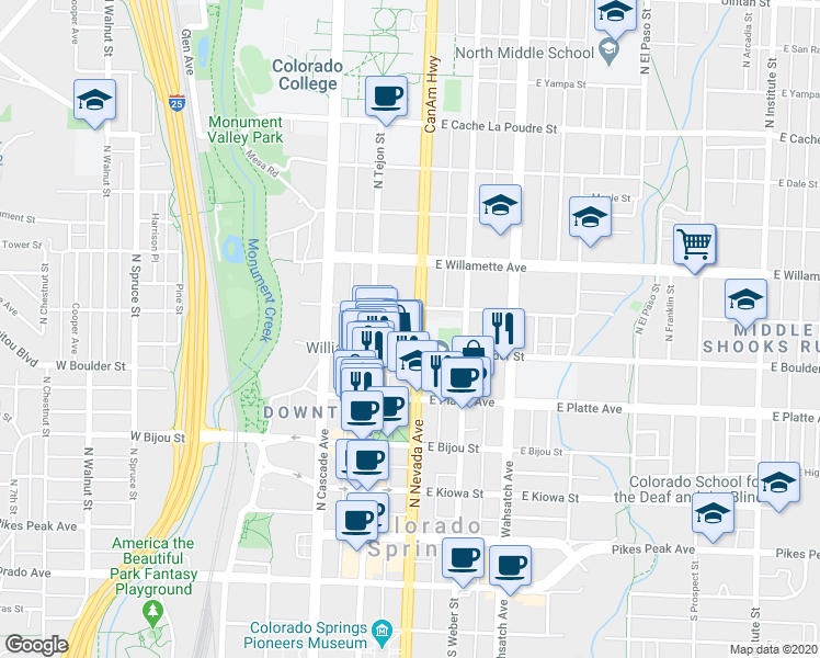 map of restaurants, bars, coffee shops, grocery stores, and more near 420 N Nevada Ave in Colorado Springs