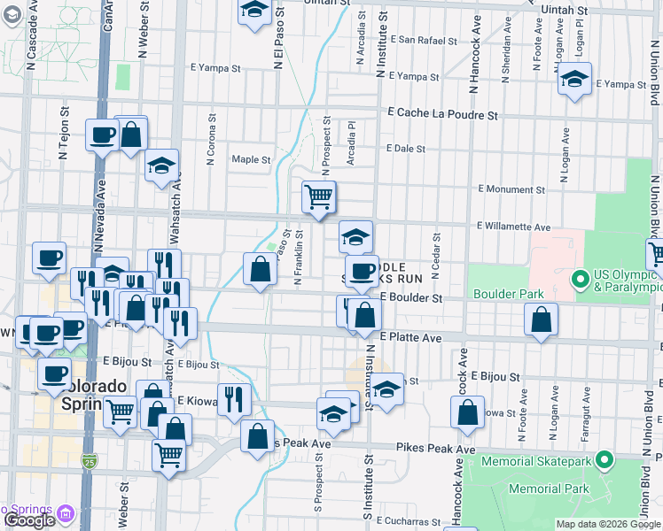 map of restaurants, bars, coffee shops, grocery stores, and more near 818 East Boulder Street in Colorado Springs