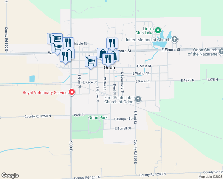 map of restaurants, bars, coffee shops, grocery stores, and more near 106 East Mill Street in Odon