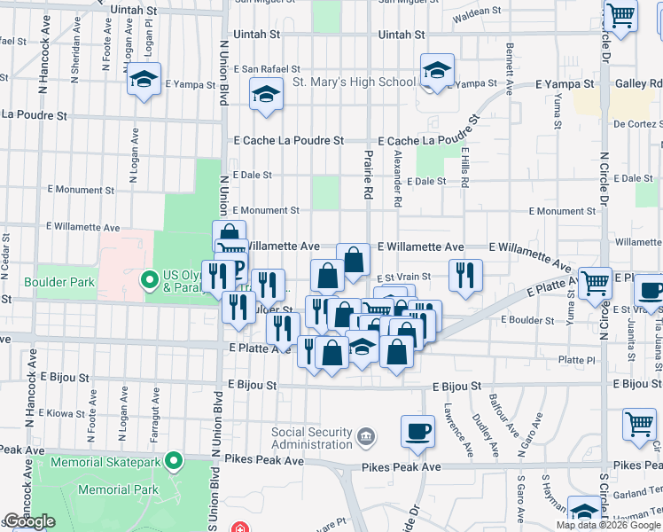 map of restaurants, bars, coffee shops, grocery stores, and more near 2201 East Saint Vrain Street in Colorado Springs
