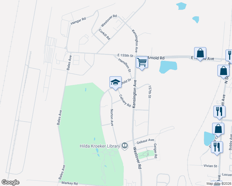 map of restaurants, bars, coffee shops, grocery stores, and more near 15710 Calvary Road in Kansas City
