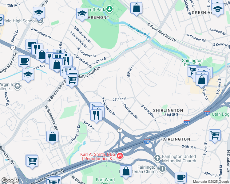 map of restaurants, bars, coffee shops, grocery stores, and more near 2852 South Buchanan Street in Arlington
