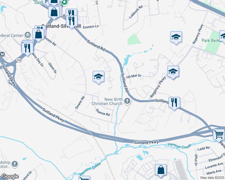 map of restaurants, bars, coffee shops, grocery stores, and more near 3622 Wood Creek Drive in Suitland-Silver Hill