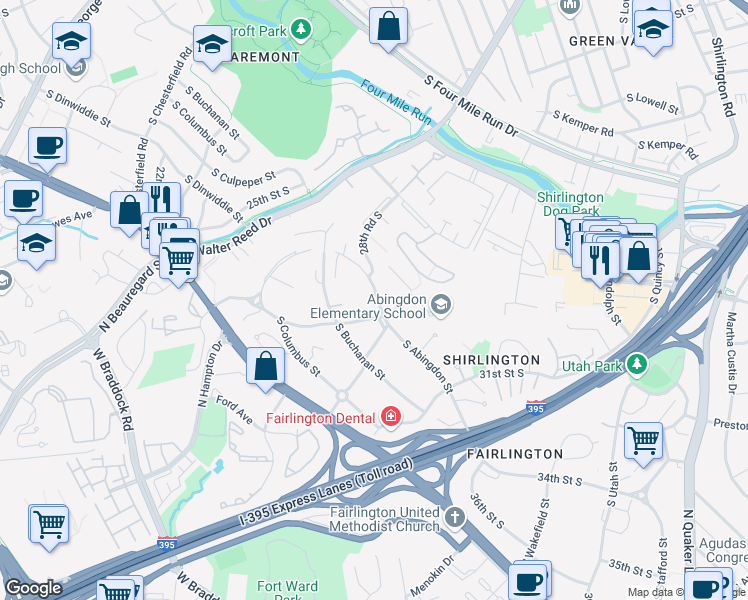 map of restaurants, bars, coffee shops, grocery stores, and more near 2874 South Abingdon Street in Arlington