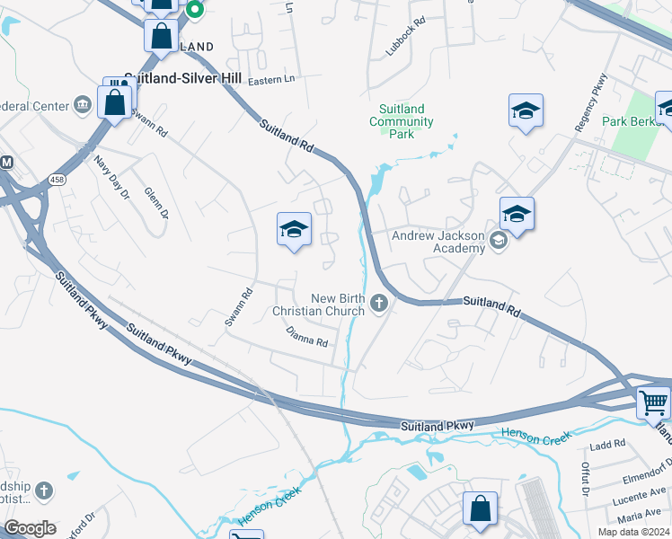 map of restaurants, bars, coffee shops, grocery stores, and more near 3622 Wood Creek Drive in Suitland-Silver Hill