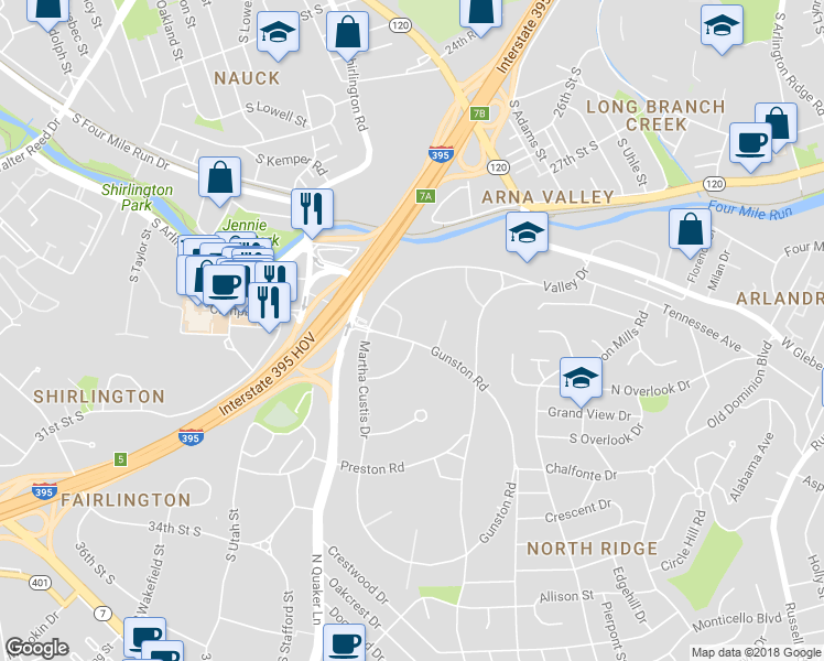 map of restaurants, bars, coffee shops, grocery stores, and more near 3741 Gunston Road in Alexandria