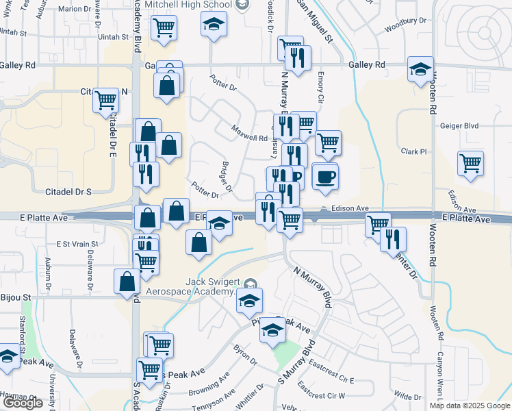 map of restaurants, bars, coffee shops, grocery stores, and more near 699 Bridger Drive in Colorado Springs